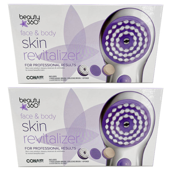 Two boxes of Conair Beauty 360 Face & Body Skin Revitalizer Brush (2 Pack) are stacked side by side.